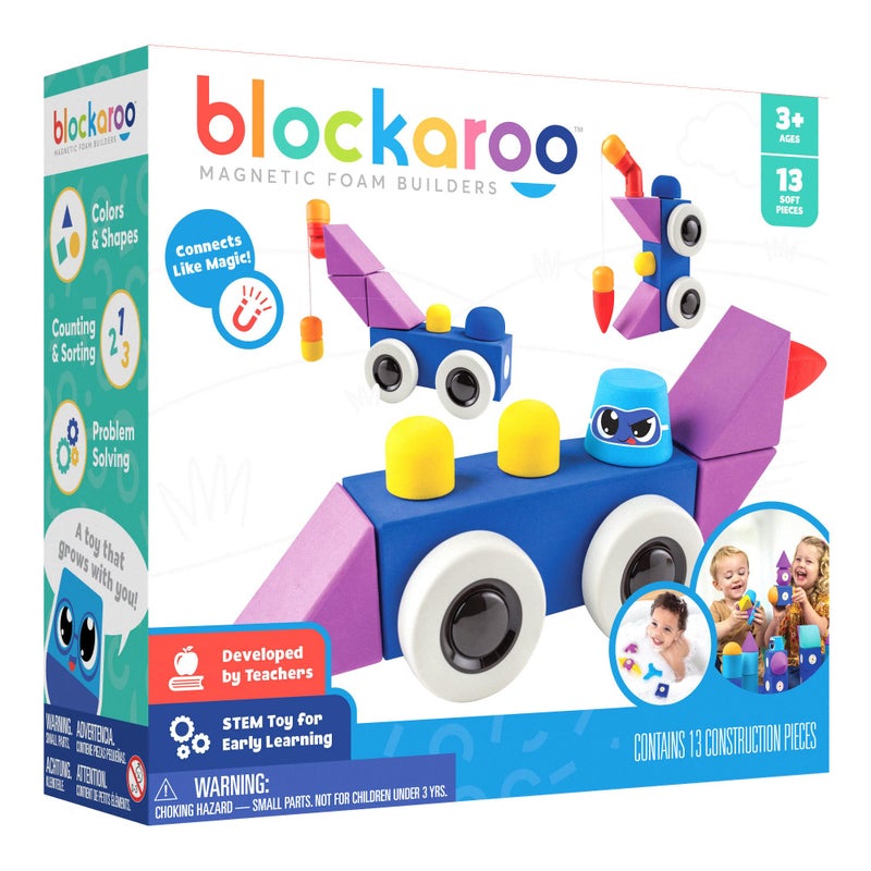 Blockaroo Magnetic Foam Building Blocks - 13-Piece Roadster, Bath Toys for Toddlers, Preschool Toys, Bathtub Toys, Sensory Toys, Blocks for Toddlers 3-5, Engineering Toys for Kids 3-5, Bath Blocks - Image 1