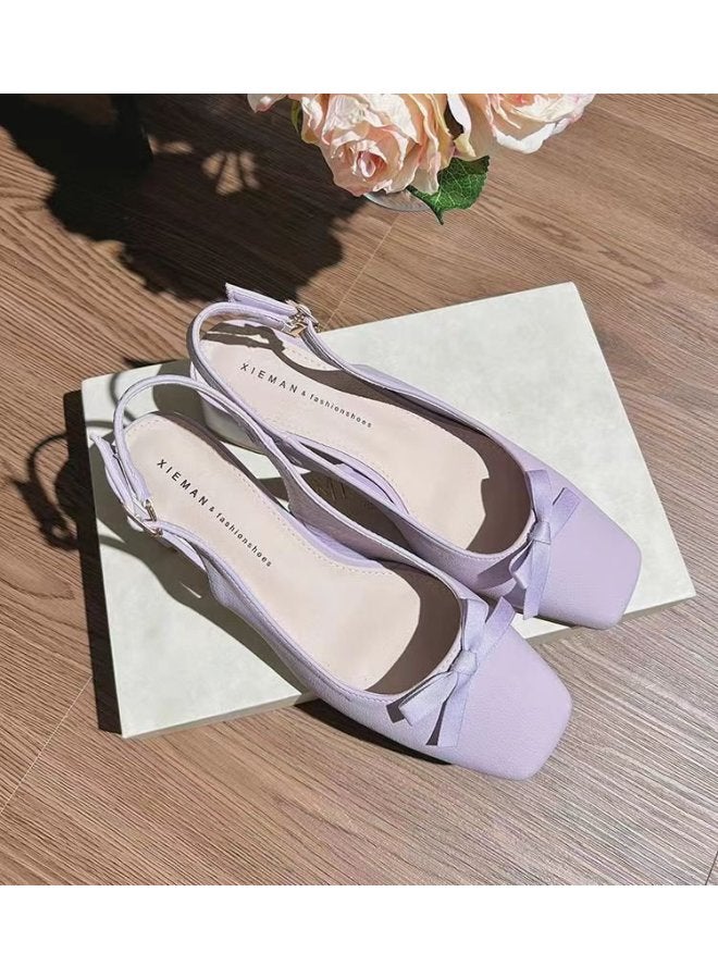 High-heeled Shoes Women's Closed Toe Back Empty Sandals Spring And Autumn New Bow Square Toe Thick Heel Fashion Shoes