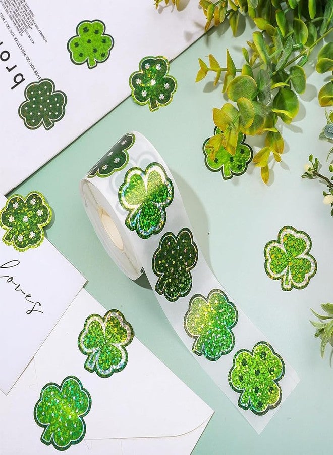 RUPOFUZA 500Pcs St. Patrick's Day Stickers 1in Laser Green Shamrock Clover Stickers Roll 3 Colors Holographic Self-Adhesive Waterproof Irish Sticker Decor for Scrapbook Journal Envelopes Decorations - Image 2