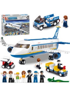 Sluban City Passenger Airplane Building Set, 4 In 1 Stem Toy With A Large Airplane, Passenger Bus, Luggage Truck, Container Loader, And 7 Minifigures, Compatible With Lego Plane, Airport Gift For Boy 6+  - Image 1