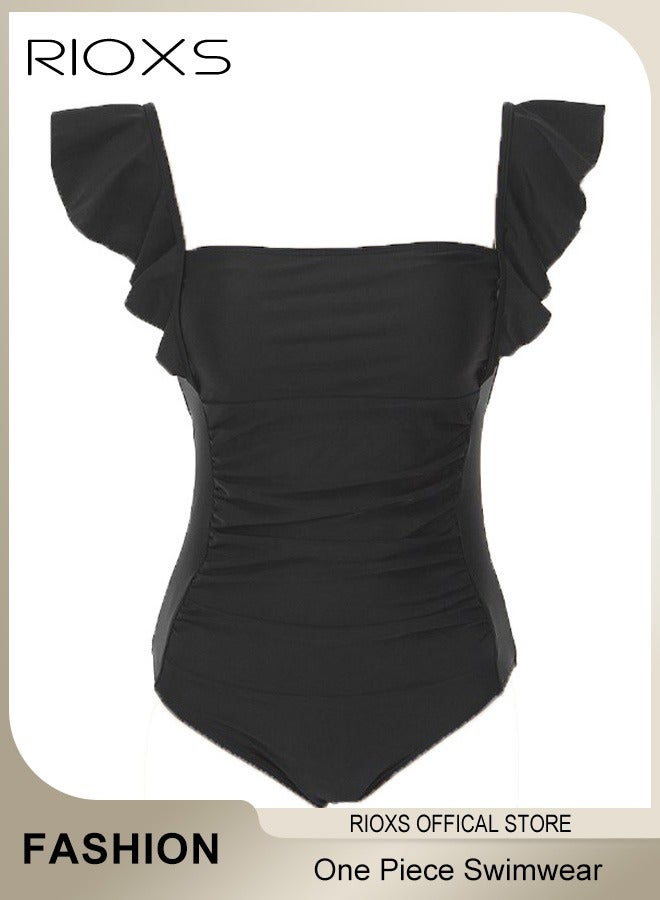 Women's Swimwear, Classic One-Piece Swimsuit, Tummy Control Ruffle Bathing Suit, Push Up Padded Swimwear, Ladies Swimsuit With Back Adjustable Strap, Square Neck Ruffle Sleeve Bathing Suit, Ladies Swimwear For Beach Hawaii Pool-Black Slimming Swimwear