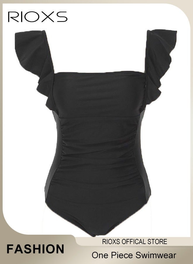 RIOXS Women's Swimwear, Classic One-Piece Swimsuit, Tummy Control Ruffle Bathing Suit, Push Up Padded Swimwear, Ladies Swimsuit With Back Adjustable Strap, Square Neck Ruffle Sleeve Bathing Suit, Ladies Swimwear For Beach Hawaii Pool-Black Slimming Swimwear - Image 4