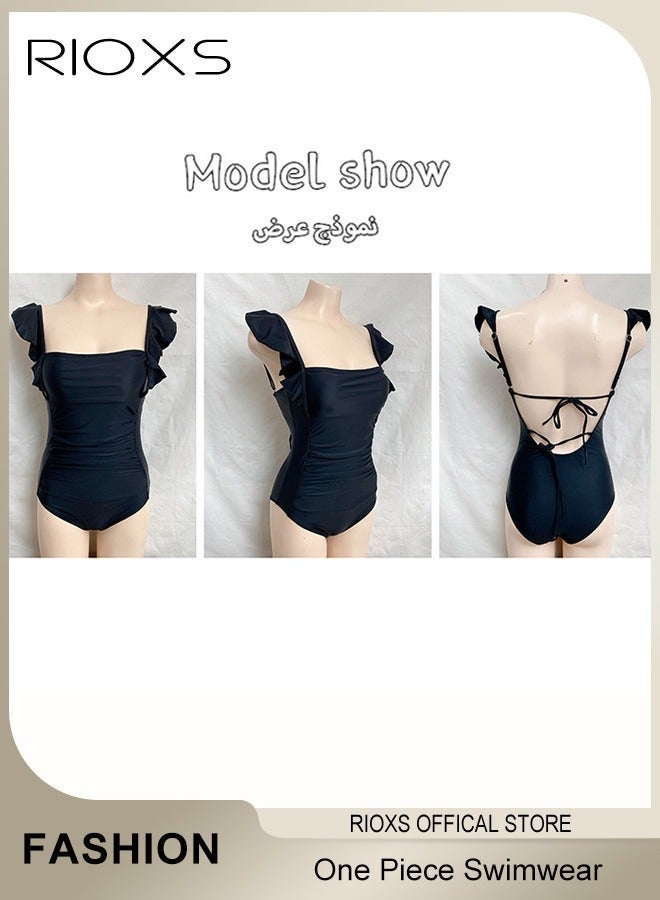 RIOXS Women's Swimwear, Classic One-Piece Swimsuit, Tummy Control Ruffle Bathing Suit, Push Up Padded Swimwear, Ladies Swimsuit With Back Adjustable Strap, Square Neck Ruffle Sleeve Bathing Suit, Ladies Swimwear For Beach Hawaii Pool-Black Slimming Swimwear - Image 3