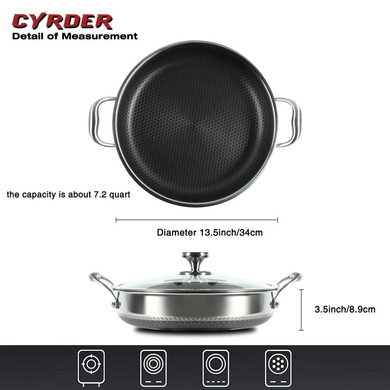 CYRDER Large Hybrid Nonstick Deep Frying Pan-13inch 316L Stainless Steel SautÃ© Pan and Lid, Two Handle Hold, PFOA Free, Dishwasher Oven Safe, Cookware to Stir fry/Toast/Roast/Bake/Stew, 7.2-Quart - Image 2