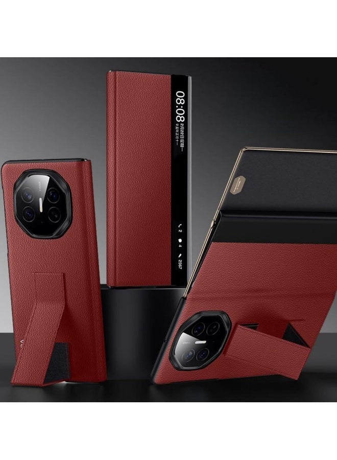 غطاء قلاب متوافق مع هواوي ميت XT تصميم نهائي غطاء شفاف نافذة، غلاف جلد مغناطيسي نحيف مقاوم للصدمات بغطاء واقي مع حزام يد وقاعدة.