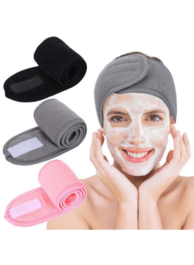 Whaline Spa Facial Headbands 3 Pieces Make Up Wrap Head Terry Cloth Headband Soft Adjustable Towel Band for Face Washing Shower Facial Cover Yoga(Black, Pink, Gray) - Image 1