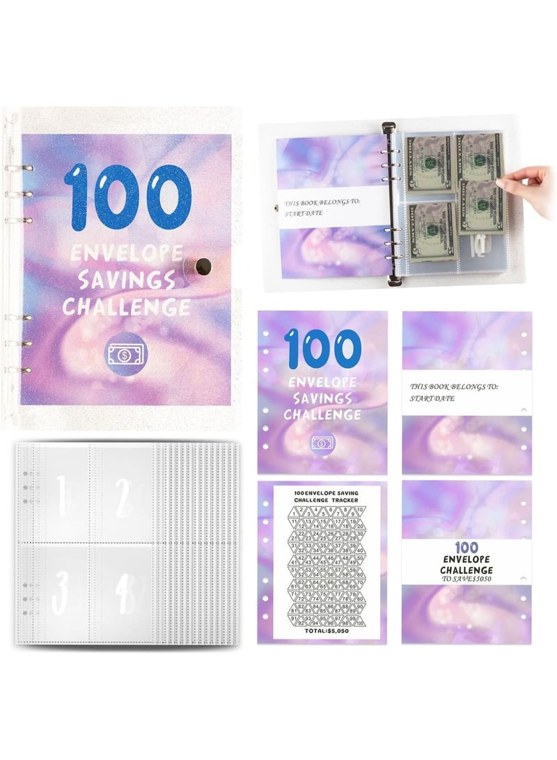 SYOSI 100 ظرف تحدي الادخار، 25 ورقة مخطط مع أظرف نقدية شفافة ومقاومة للماء وحلقات من الفولاذ المقاوم للصدأ، منظم ميزانية للأزواج، المكتب المنزلي، إدارة المالية المدرسية - Image 1