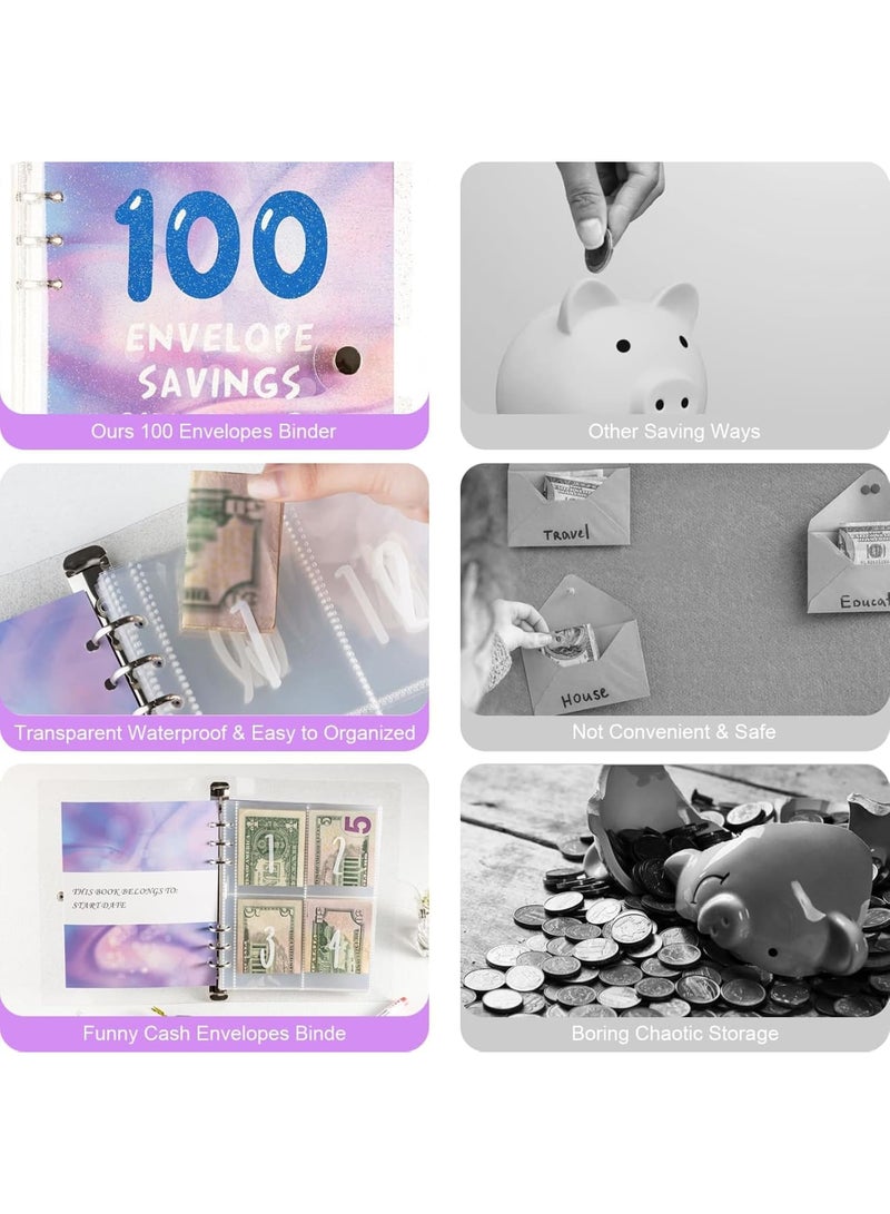 SYOSI 100 ظرف تحدي الادخار، 25 ورقة مخطط مع أظرف نقدية شفافة ومقاومة للماء وحلقات من الفولاذ المقاوم للصدأ، منظم ميزانية للأزواج، المكتب المنزلي، إدارة المالية المدرسية - Image 4