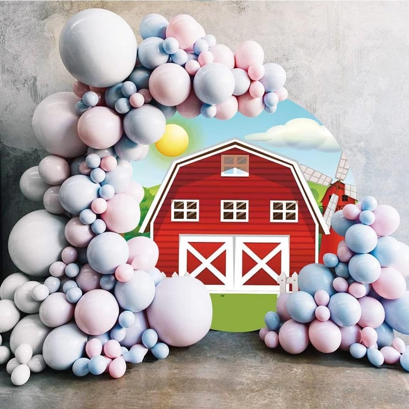 Renaiss 7x7ft Cartoon Farm Red Barn Round Backdrop Cover Farmhouse Windmill Circle Photography Background Sun Blue Sky Cloud Green Trees Baby Shower Birthday Party Decors Arch Photo Booth Props - Image 3