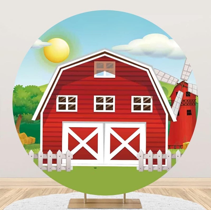 Renaiss 7x7ft Cartoon Farm Red Barn Round Backdrop Cover Farmhouse Windmill Circle Photography Background Sun Blue Sky Cloud Green Trees Baby Shower Birthday Party Decors Arch Photo Booth Props - Image 1