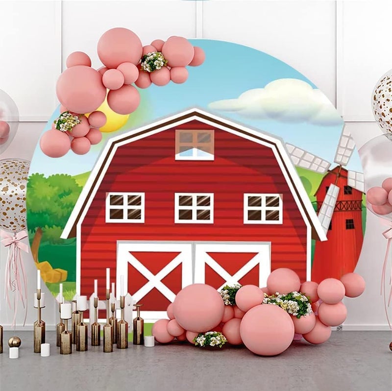 Renaiss 7x7ft Cartoon Farm Red Barn Round Backdrop Cover Farmhouse Windmill Circle Photography Background Sun Blue Sky Cloud Green Trees Baby Shower Birthday Party Decors Arch Photo Booth Props - Image 2