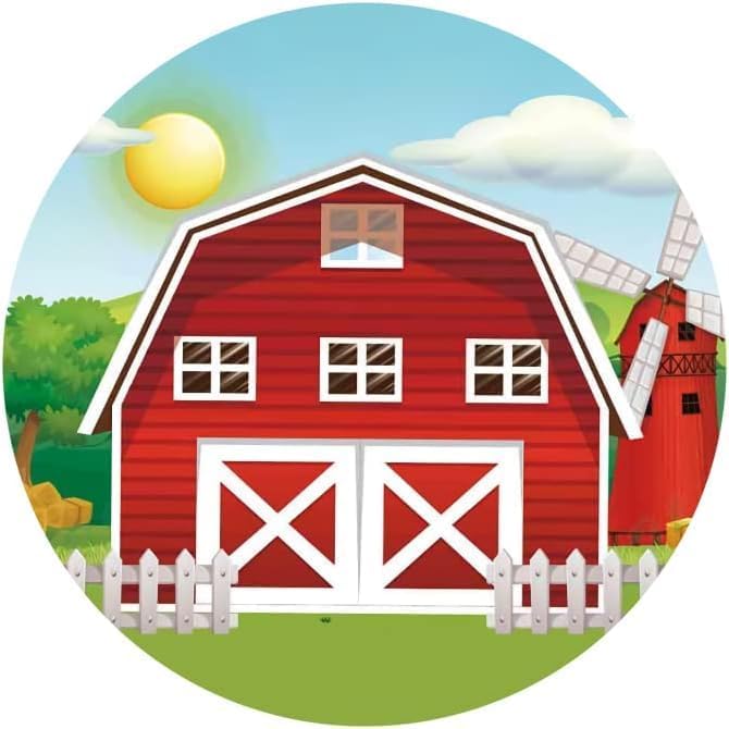 Renaiss 7x7ft Cartoon Farm Red Barn Round Backdrop Cover Farmhouse Windmill Circle Photography Background Sun Blue Sky Cloud Green Trees Baby Shower Birthday Party Decors Arch Photo Booth Props - Image 4