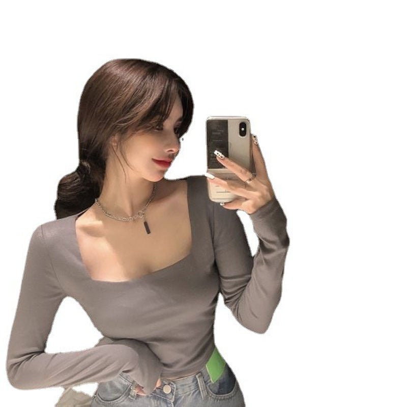 T-Shirt Women's Short White Slim Long-Sleeved Inner Layering Shirt 2025 Autum New Sexy Square Collar Tight Top - Image 2