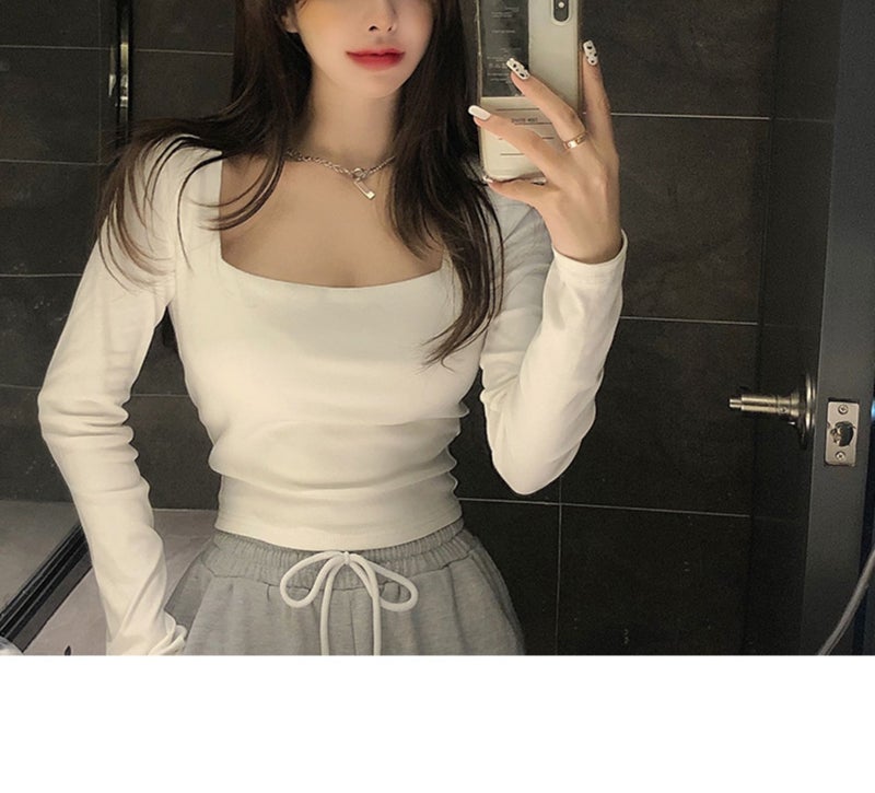 T-Shirt Women's Short White Slim Long-Sleeved Inner Layering Shirt 2025 Autum New Sexy Square Collar Tight Top - Image 4