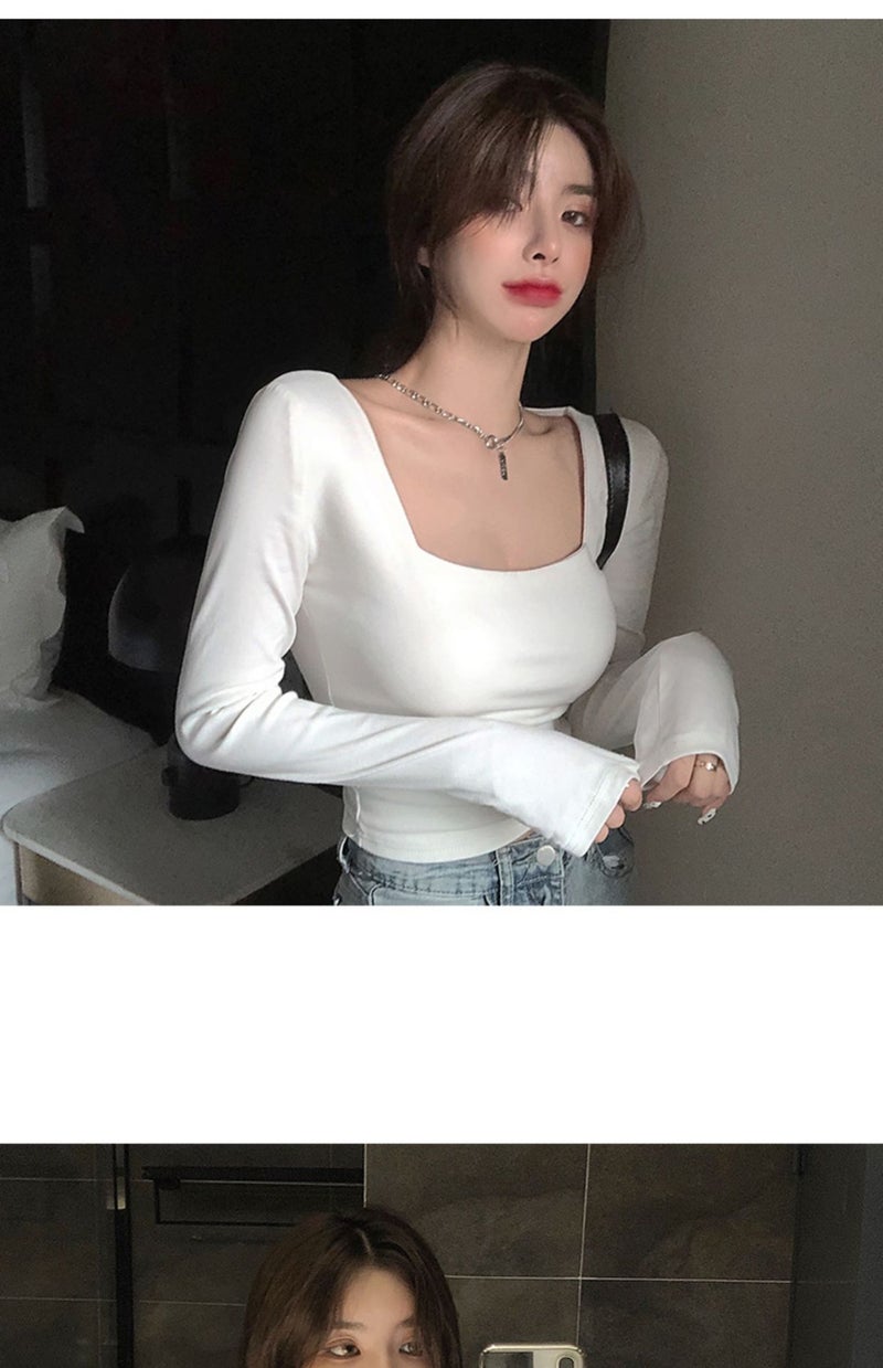 T-Shirt Women's Short White Slim Long-Sleeved Inner Layering Shirt 2025 Autum New Sexy Square Collar Tight Top - Image 3
