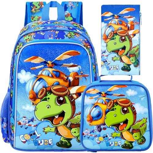 gxtvo 3PCS Boys Dinosaur Backpack 16 Kids Airplane Bookbag with Lunch Box Water Resistant Elementary Preschool Toddler School Bag - Image 1