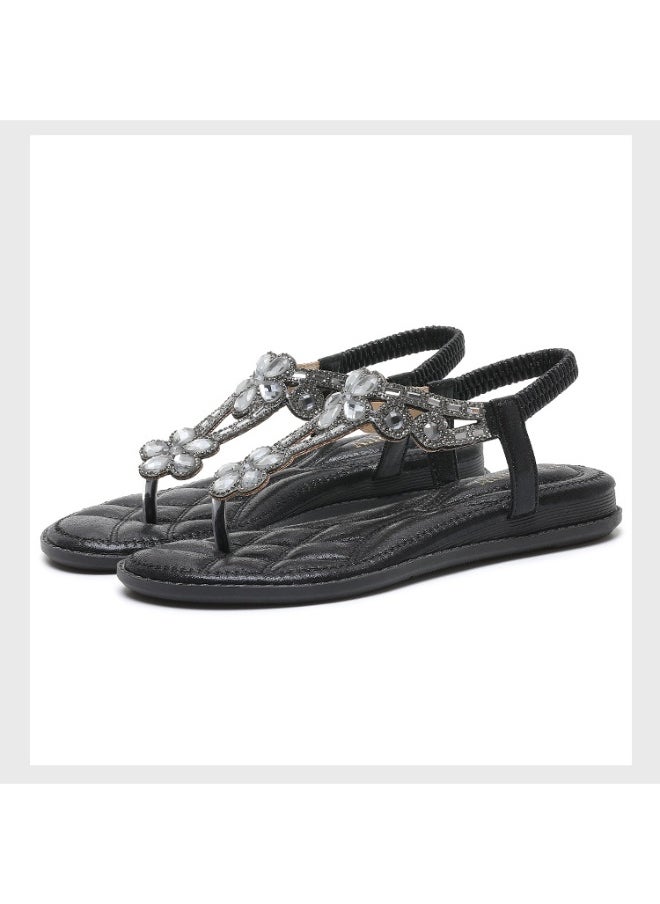 NIBEMINENT Women Flat Sandals Elastic Ankle Sandals Comfortable Rhinestone Flower Sandals Bohemian Casual Walking Sandals for Summer Beach  - Image 1