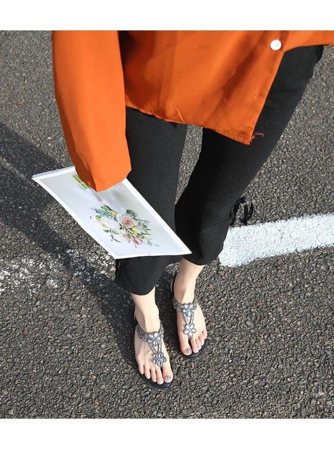 NIBEMINENT Women Flat Sandals Elastic Ankle Sandals Comfortable Rhinestone Flower Sandals Bohemian Casual Walking Sandals for Summer Beach  - Image 2