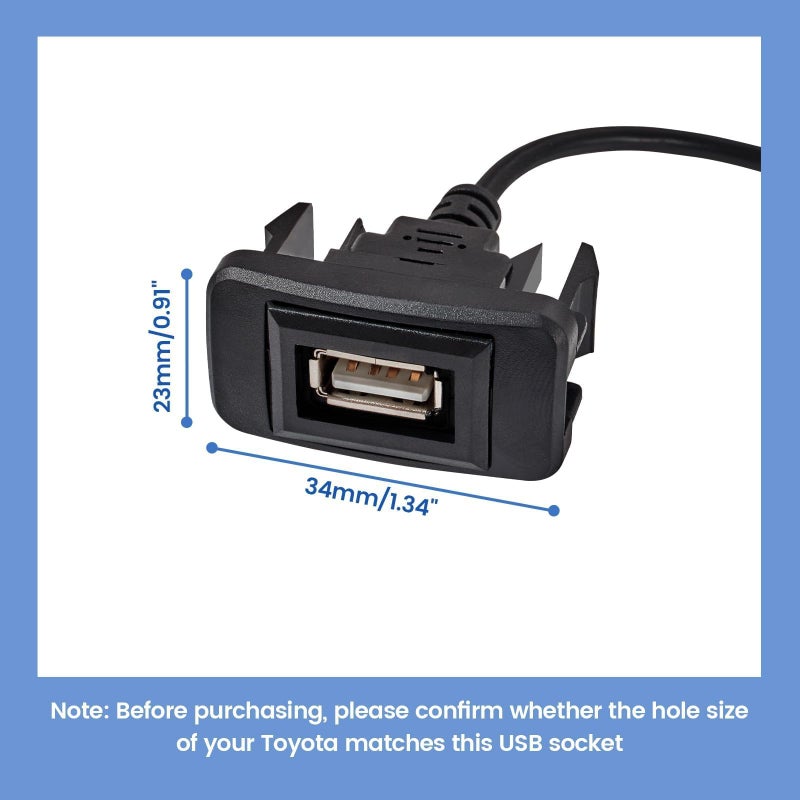 Anina USB Port Car Charger for Toyota, Male to Female USB Power Socket Adapter, Panel Flush Mount Extension Cable for Camry RAV4 Corolla Highlander, Square Vehicle Dash Port for IOS Android (34*23mm) - Image 2