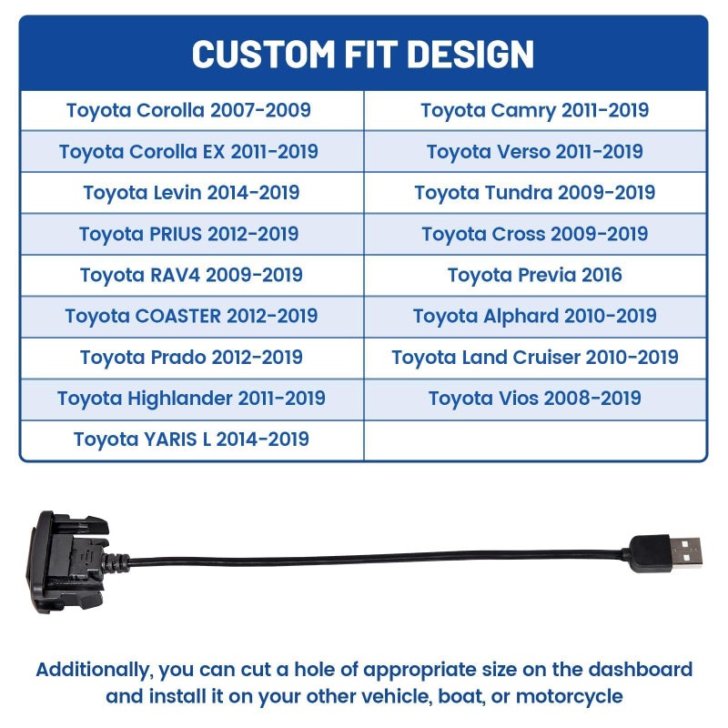 Anina USB Port Car Charger for Toyota, Male to Female USB Power Socket Adapter, Panel Flush Mount Extension Cable for Camry RAV4 Corolla Highlander, Square Vehicle Dash Port for IOS Android (34*23mm) - Image 3