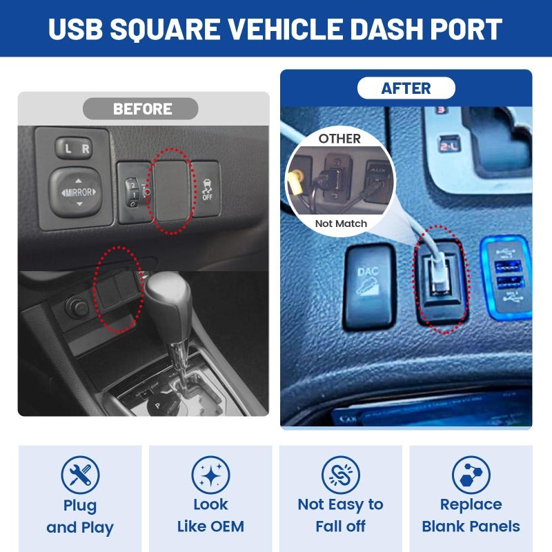 Anina USB Port Car Charger for Toyota, Male to Female USB Power Socket Adapter, Panel Flush Mount Extension Cable for Camry RAV4 Corolla Highlander, Square Vehicle Dash Port for IOS Android (34*23mm) - Image 4