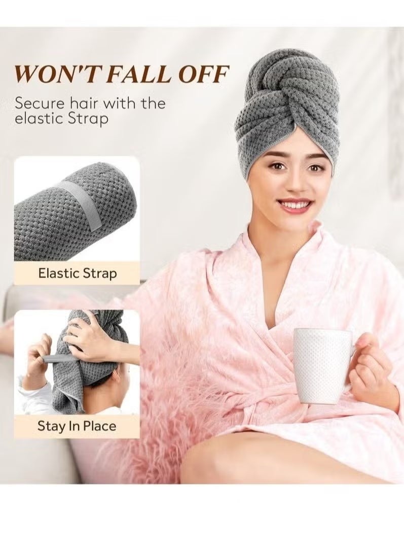 Microfiber Hair Towel Wrap for Women, Anti Frizz Hair Drying Towel with Elastic Strap, Super Absorbent Quick Dry Hair Turban for Drying Curly, Long, Thick Hair, Dark Gray - Image 2