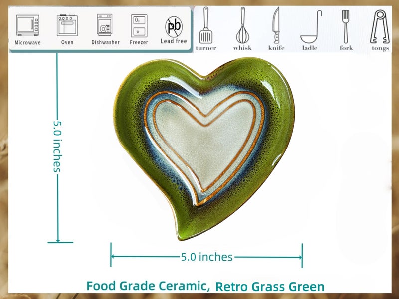 Rhobtyne Ceramic Spoon Rest for Stove Top, Heart Cute Spoon Rest for Kitchen Counter, Cooking Spoon Holder for Kitchen Counter, Utensil Rest Spatula Rest Ladle Holder Tong Rest (Retro Grass Green) - Image 4