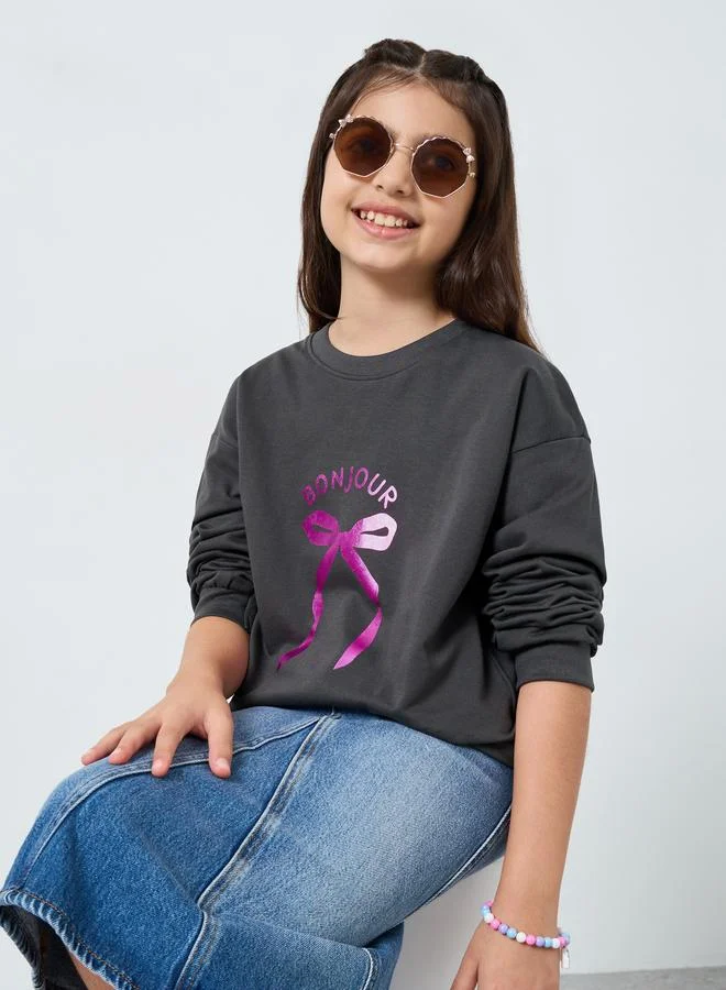 Styli Girls Grey Printed Sweatshirt