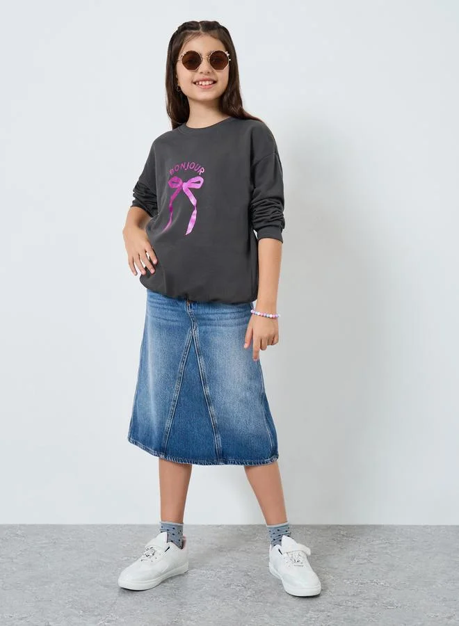 Styli Girls Grey Printed Sweatshirt