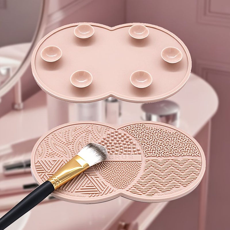 Light Brown Portable Makeup Brush Cleaning Mat with Suction Cups Double Round Design - Image 3