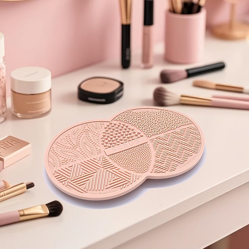 Light Brown Portable Makeup Brush Cleaning Mat with Suction Cups Double Round Design - Image 2