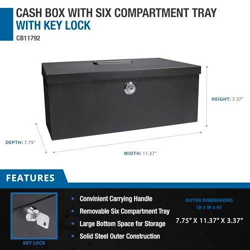 BARSKA 12-Inch Cash Box and 6 Compartment Tray with Key Lock , Black - Image 2