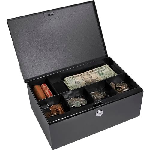 BARSKA 12-Inch Cash Box and 6 Compartment Tray with Key Lock , Black - Image 1
