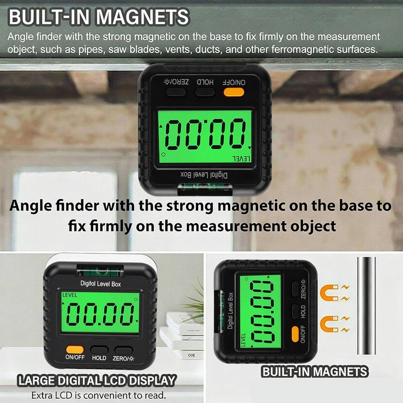 جهاز قياس الزوايا الرقمي من مارهينشوس (Marhynchus Digital Angle Gauge)، مزود بشاشة عرض LCD مضيئة من الخلف ومغناطيس قوي، يُستخدم في النجارة والبناء والصناعة الأوتوموبيلية. - Image 5