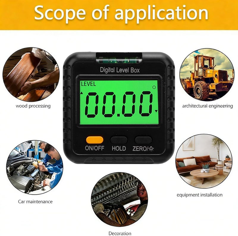 جهاز قياس الزوايا الرقمي من مارهينشوس (Marhynchus Digital Angle Gauge)، مزود بشاشة عرض LCD مضيئة من الخلف ومغناطيس قوي، يُستخدم في النجارة والبناء والصناعة الأوتوموبيلية. - Image 3