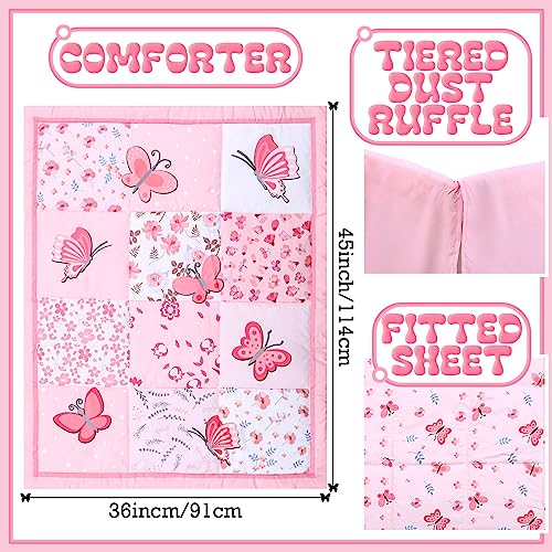 Tudomro 3 Pieces Butterfly Nursery Crib Bedding Set for Girls, Standard Size Bedding Sets with Comforter Fitted Sheet Crib Skirt(Pink) - Image 2