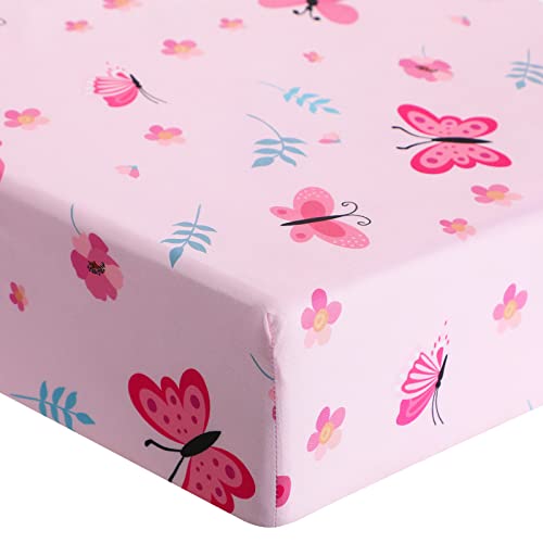 Tudomro 3 Pieces Butterfly Nursery Crib Bedding Set for Girls, Standard Size Bedding Sets with Comforter Fitted Sheet Crib Skirt(Pink) - Image 3
