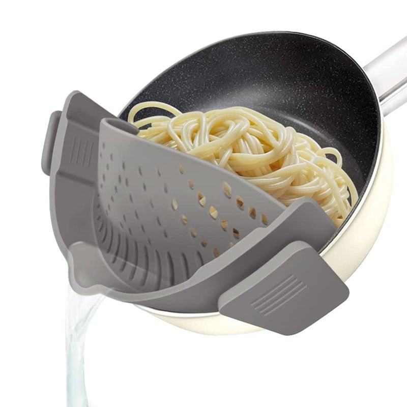 YEVIOR Clip on Strainer for Pots Pan Pasta Silicone Food Strainer HandsFree Pan Strainer Clipon Kitchen Food Strainer for Spaghetti Pasta Ground Beef Fits All Bowls and Pots Grey