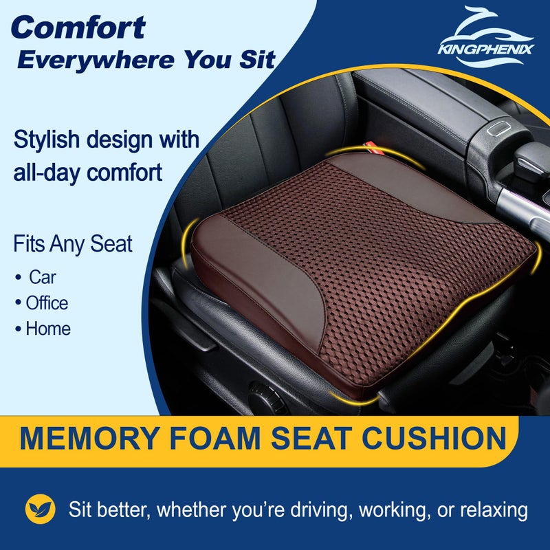 kingphenix Car Seat Cushion â€“ Memory Foam Pad for Driving Comfort â€“ Boosts Height and Relieves Coccyx & Lower Back Pain â€“ Car, Truck, Office Chair (Leather & 4D Mesh Brown) - Image 2