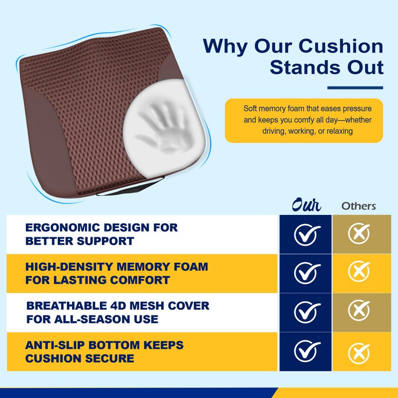 kingphenix Car Seat Cushion â€“ Memory Foam Pad for Driving Comfort â€“ Boosts Height and Relieves Coccyx & Lower Back Pain â€“ Car, Truck, Office Chair (Leather & 4D Mesh Brown) - Image 3