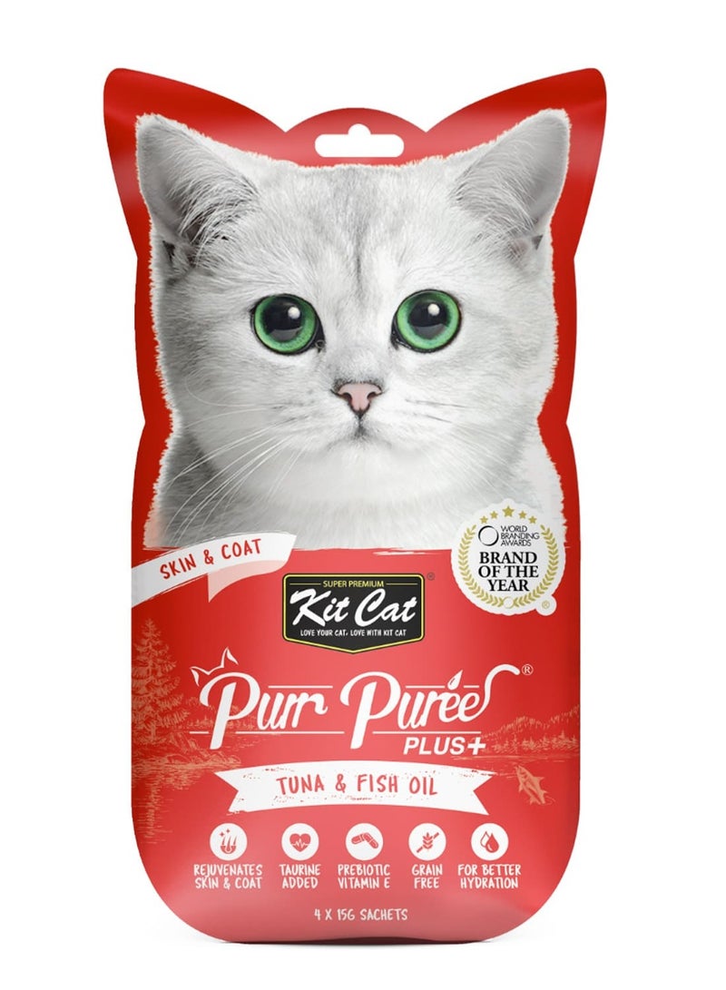 كيت كات بور بوري بلس+ زيت التونة والسمك (الجلد والفرو) 4 × 15 جم - Image 1
