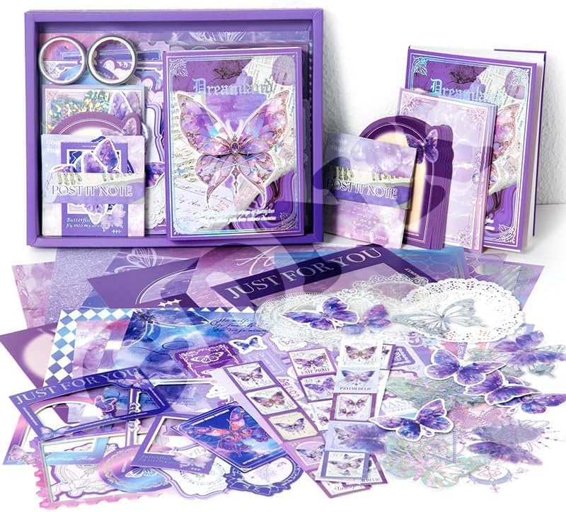 GDNK Scrape Book Kit Scrapbooking Kit Vintage Journal Scrapbook Pack DIY Paper Stickers, Craft Kits Notebook, Collage Album Aesthetic Sticker Journaling Scrapbook Photo Album (Purple Butterfly) - Image 1