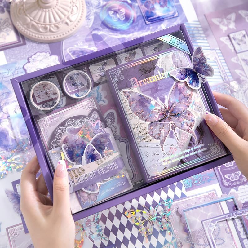 GDNK Scrape Book Kit Scrapbooking Kit Vintage Journal Scrapbook Pack DIY Paper Stickers, Craft Kits Notebook, Collage Album Aesthetic Sticker Journaling Scrapbook Photo Album (Purple Butterfly) - Image 3