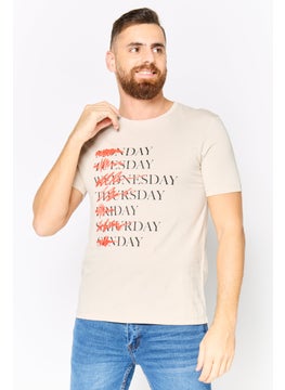 DeFacto Men Round Neck Short Sleeves Printed T-Shirt, Beige  - Image 1