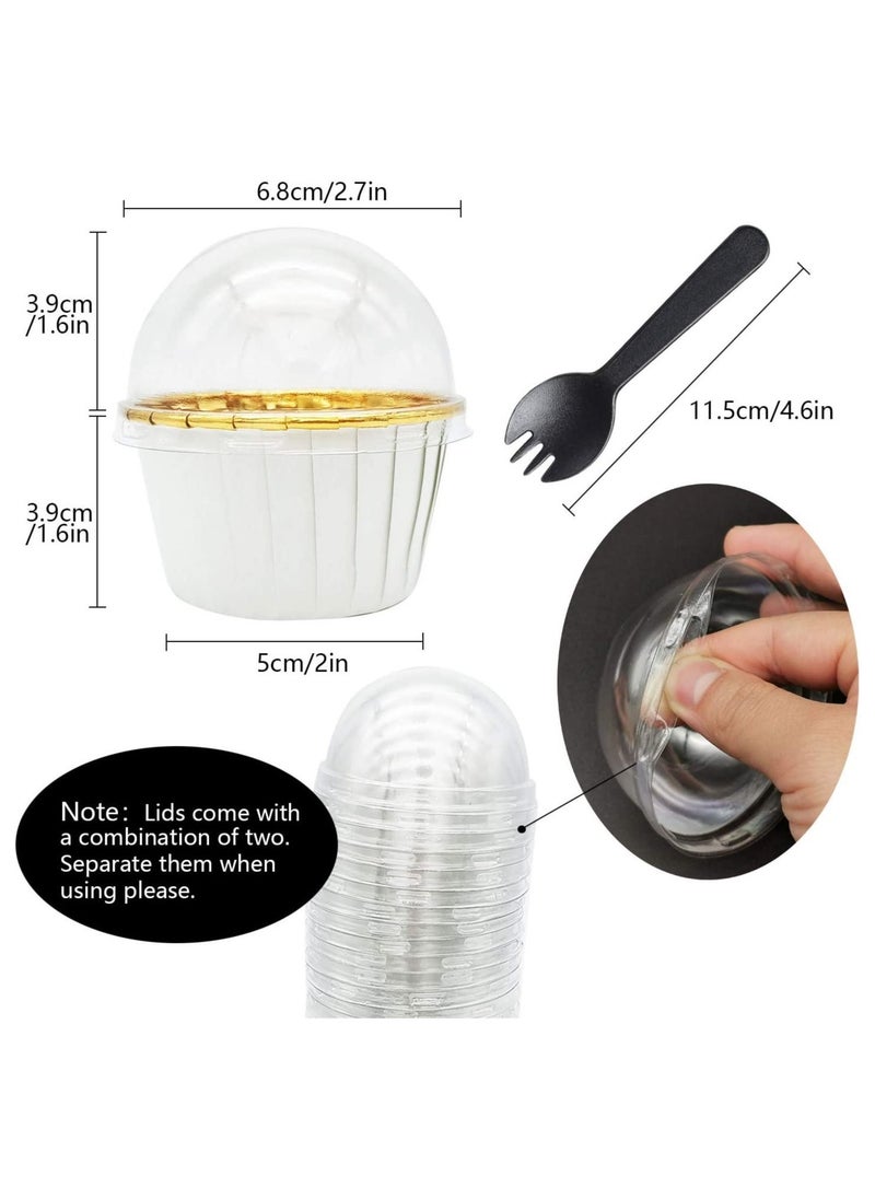 Cupcake Liners with Dome Lids 50Pack,Free-Air 3.5Oz Mini Foil Baking Cups Muffin Liners,Disposable Ramekins Cupcake Tins Cupcake Wrappers for Wedding Birthday Party,with Spoons-White in gold - Image 5