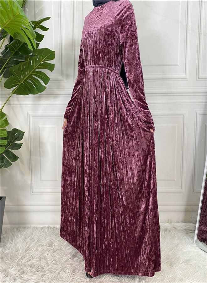 Loquat Fashion Solid Color Long Sleeve Dress Abaya Purple  - Image 2