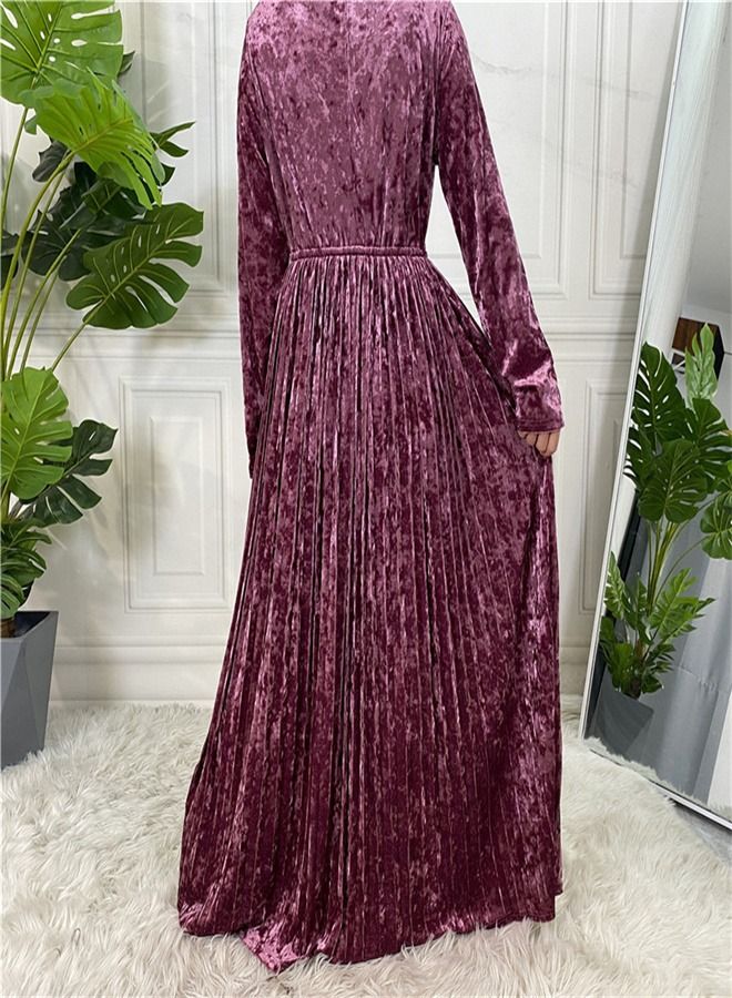 Loquat Fashion Solid Color Long Sleeve Dress Abaya Purple  - Image 3