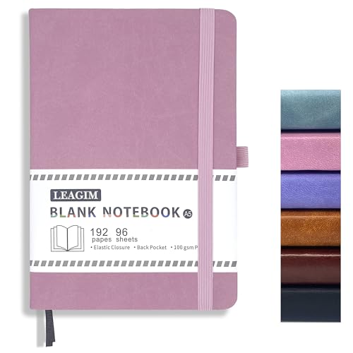 LEAGIM Blank Journal Notebook, A5, 192 Pages 100 GSM Thick Sketch Book for Women Men, Hardcover Leather Unlined Journaling for Work, Notebooks for Writing, 5.8 inches x 8.5 inches (Pink) - Image 1
