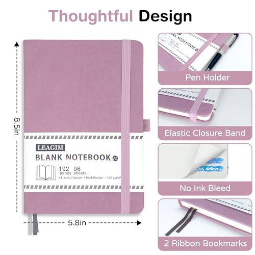 LEAGIM Blank Journal Notebook, A5, 192 Pages 100 GSM Thick Sketch Book for Women Men, Hardcover Leather Unlined Journaling for Work, Notebooks for Writing, 5.8 inches x 8.5 inches (Pink) - Image 3