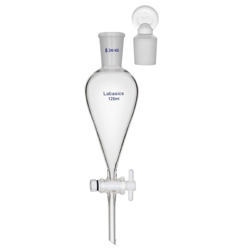 Labasics Borosilicate Glass 125ml Conical Separatory Funnel with PTFE Stopcock, 125mL - Image 1
